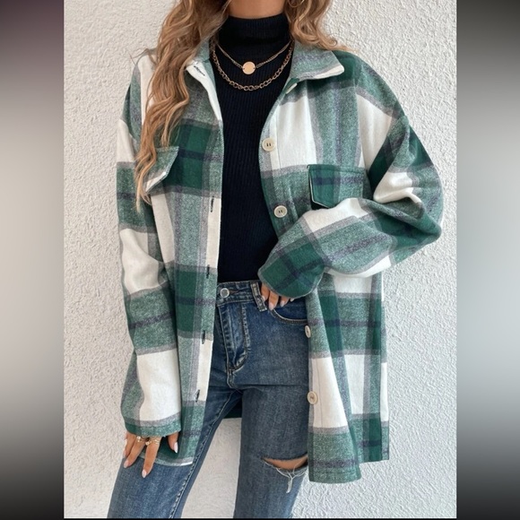 Plaid Stripe Oversized Flannel Shirt Shacket green - Picture 5 of 9